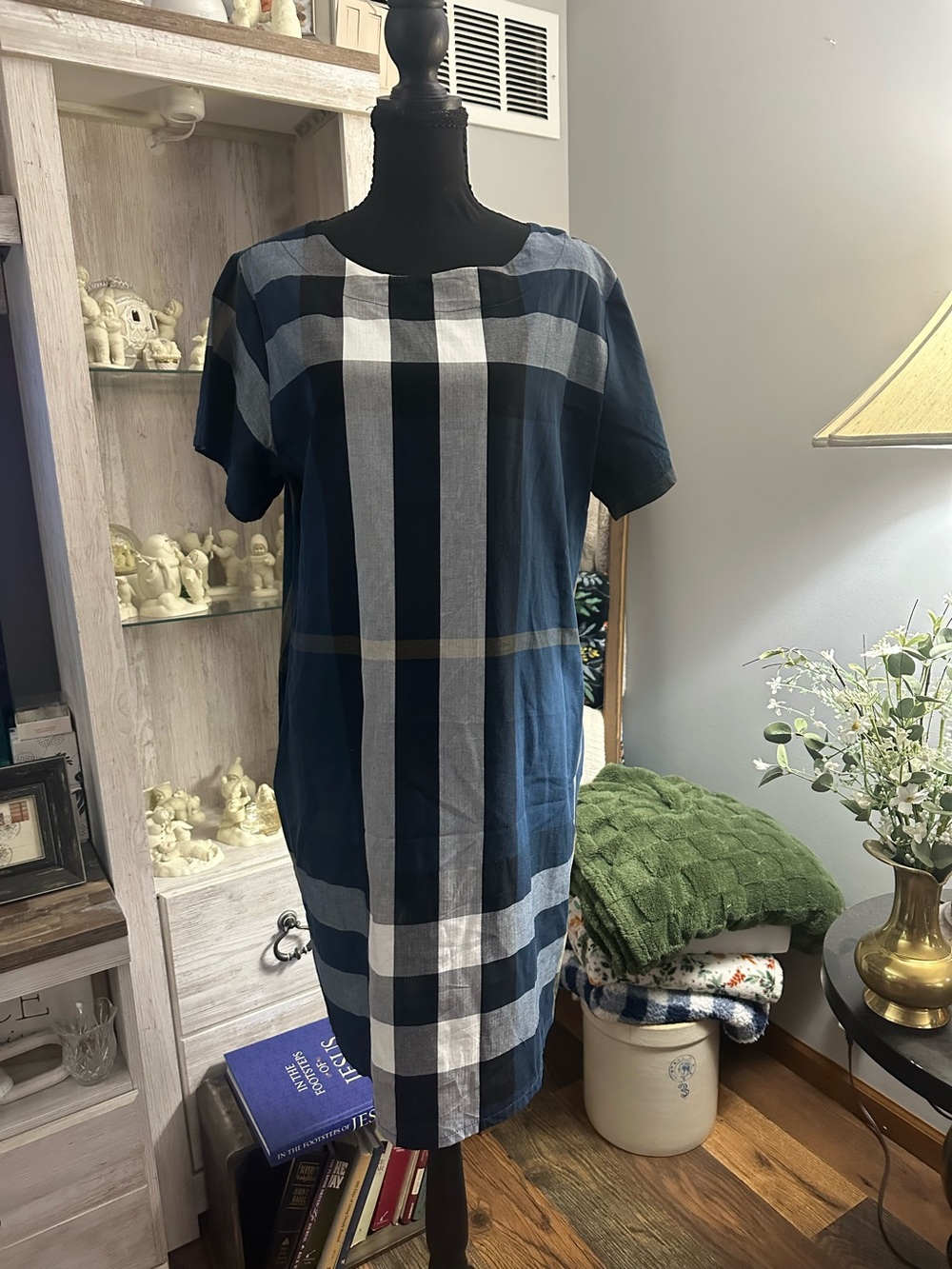 Classic Navy Plaid Shift Dress - Women's